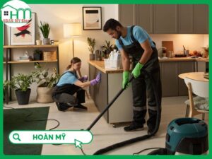 Giám sát Hoàn Mỹ Clean đang bàn giao checklist công việc cho khách hàng nghiệm thu
