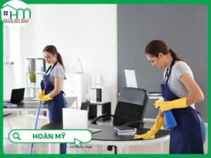 Nhân viên Hoàn Mỹ Clean vệ sinh khử khuẩn vách cabin thang máy tòa nhà văn phòng